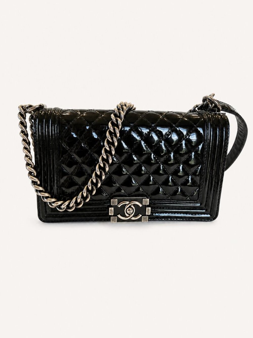 Authentic Chanel Quilted Boy Bag Medium Size Patent Leather